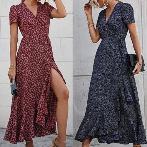 Summer Women Maxi Dress Casual Boho Floral V Neck Short Sleeve Ruffle Hem Split Beach Long Dresses Female Party Dress Vestidos