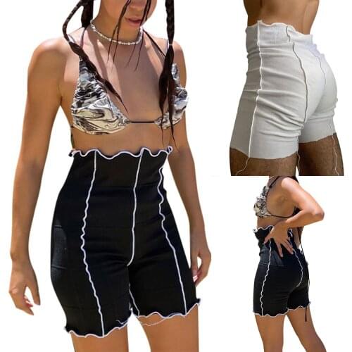 Women’s High Waist Skinny Shorts, Summer Lettuce Trim Patchwork Stitch Short Leggings