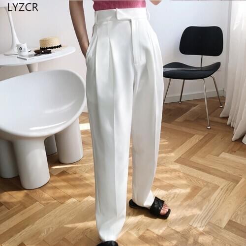 LYZCR Women Summer Straight Pants Loose High Waist Pants For Women Trousers 2020 Casual White Womens Full Length Pant Fromal