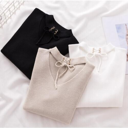 Winter Knitted Sweater Women Solid Long Sleeve Knitting Sweater Pullover Fashion Lace Up Sexy V-neck Slim Sweater Jumper Female