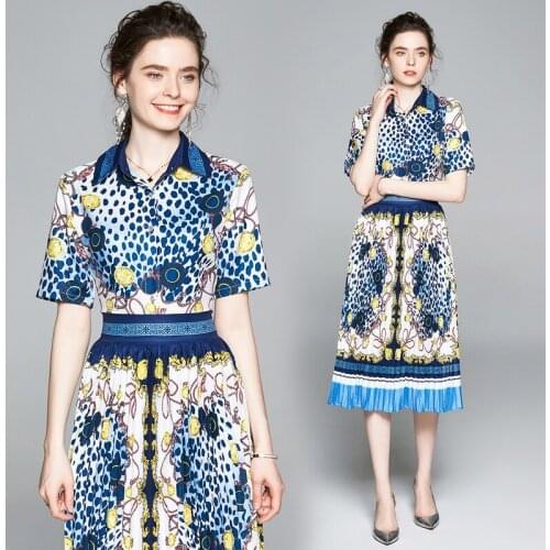 Wholesale New Summer Runway Vintage Print Collar Short Sleeve Empire Waist Women Ladies Party Casual Party A-Line Midi Dress