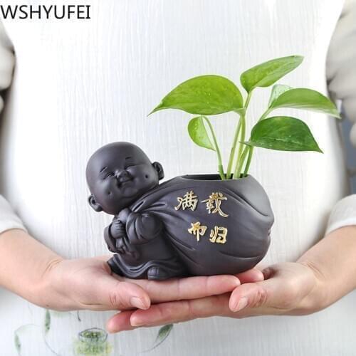1PCS Ceramic Tea pet Small Buddha Statue Monk Figurine Ornaments Desktop flower pot Purple Ceramic decoration Tea Accessories