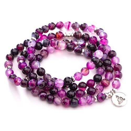 Purple 108 beads 8mm elastic adjustable Lotus life tree Buddha OM eye Chakra Reiki agate Onyx Yoga Bracelet necklace xfv4