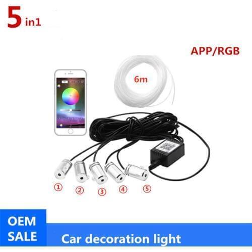 5 in 1 6M 8M Sound Active EL Neon Strip Light RGB LED Car Interior Light Multicolor Bluetooth Phone Control Atmosphere Light 12V