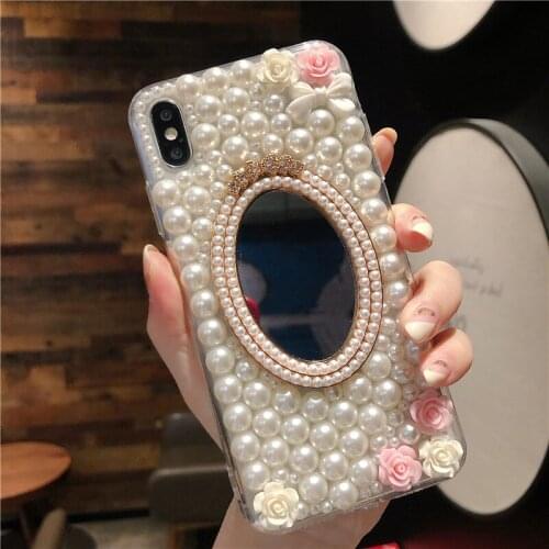 Luxury Full Bling Pearl Diamond Make Up Mirror Flowers Case Cover For Samsung Galaxy M51 M31S A12/32/42/52/72/22/82 A02S A02 M02