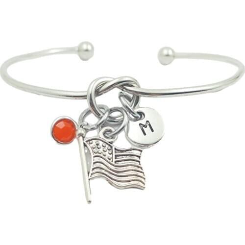 USA Flag Retro Creative Initial Letter Monogram Birthstone Adjustable Bracelet Fashion Jewelry Women Gift Pendant