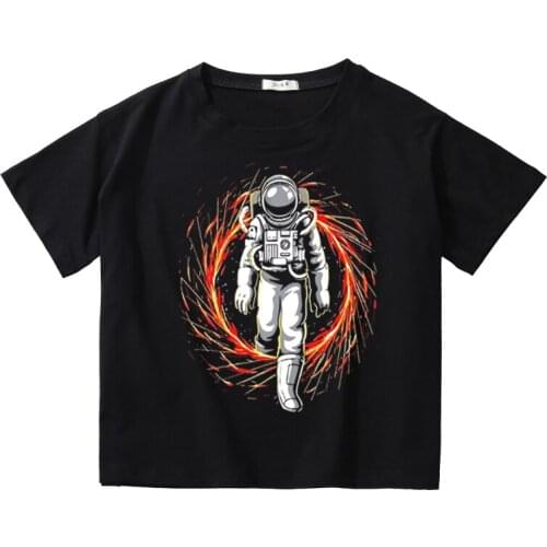 Astronaut Funny Printing Women Summer Crop Tees Breathable Cotton Top Girl O-Neck T-Shirt Kids Short Sleeve Casual Short Tops