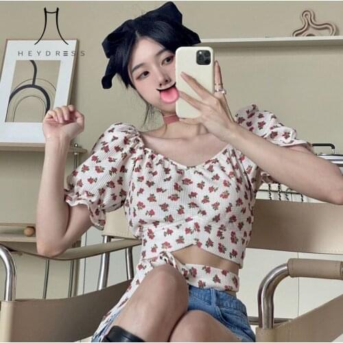 Heydress Print Holiday Beach Summer Tops Korean Sweet Floral Short Shirts Women French Sexy Party Bandage Off Shoulder Blouses