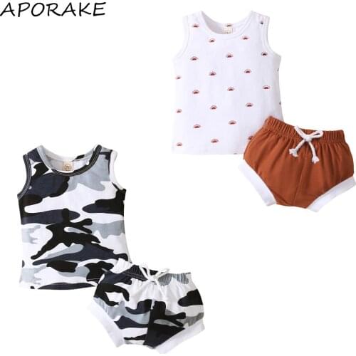 2021 0-18M Toddler Summer Boy Girl Clothing Set Camouflage/Sun Print O-Neck Tank Tops + Elastic Shorts for Baby Casual 2pcs