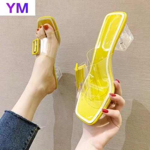 Candy Sexy PVC Square Toe Heels Transparency Women Shoes High Heel Buckle Luxury Shoes Women Designers Zapatos De Vestir Mujer
