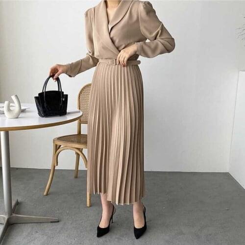Korean chic autumn new style French light mature temperament elegant long lace-up waist thin pleated long-sleeved dress women108