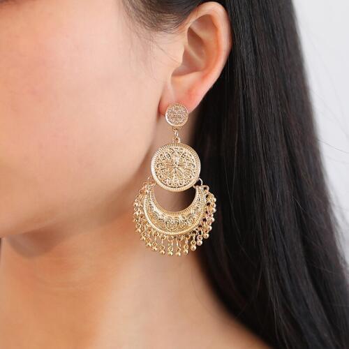 Best lady Vintage Earrings Bohemian Style Round Drop Earrings For Women Metal Dangle Shiny Christmas Gift Jewelry E3103
