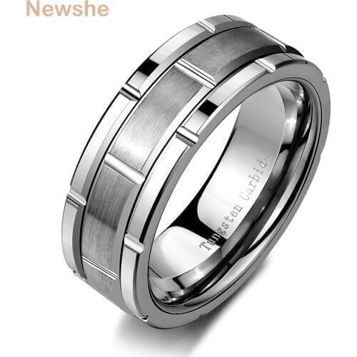 Newshe Tungsten Men Ring 8mm Brick Pattern Brushed Bands For Him Simple Wedding Jewelry Size 9-13
