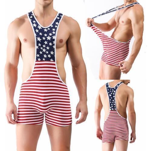 2015 New Mens Sexy Lingerie Soft Milk Silk American Flag Print Pants High Waist Jumpsuit USA Men Wrestling Singlet Bodysuit S-XL