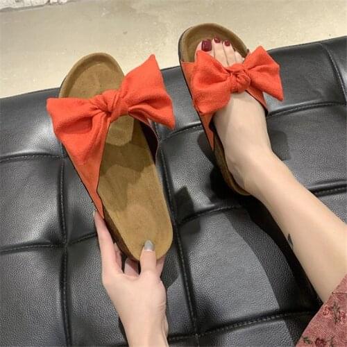 New Summer Womens Cork Slippers Big Bows Beach Slides Women Sandals Ladies Mule Clogs Slippers Flip Flops Big Size 35-44