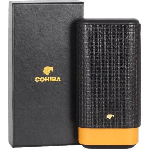 NEW COHIBA Black Leather Cigar Case Cedar Wood Tube Holder Portable Travel Cigar Humidor Box Holds 3 Cigars WIth Gift box