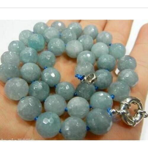 Free Shipping Natural 10mm Faceted Round Aquamarine Gemstone Beads Necklac