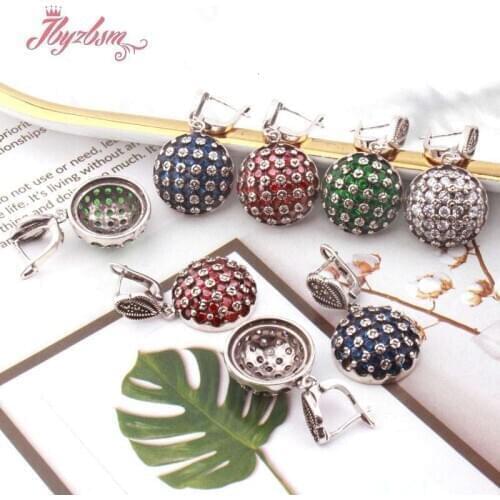 18mm Semicircle Rhinestone Red Green Blue Inlaid Marcastie Tibetan Silver Earring For Women Gift Dangle Huggie Earring 1 Pair