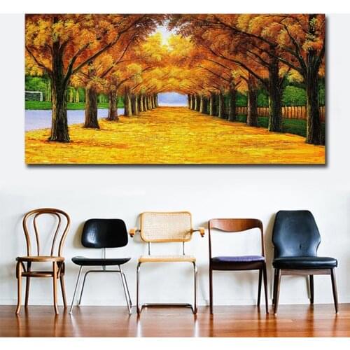 Gold Tree Path Canvas Printings Deciduous Landscape Posters and Prints Cuadros Wall Art Pictures for Living Room Home Decoration