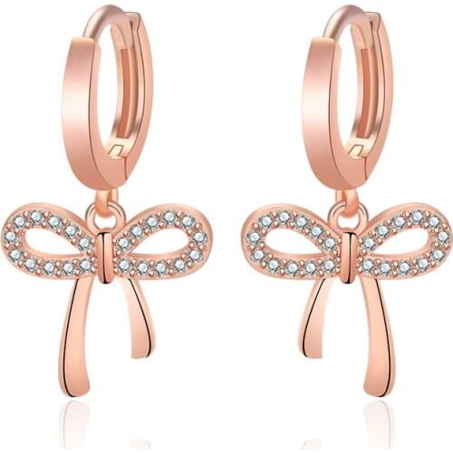 Cute Butterfly Bow Ear Nail Dangle Hoop Earrings For Women Shiny Crystal Smooth Huggies Romantic Rose Gold Earring Hoops Jewelry