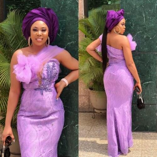 Light Purple Mermaid Prom Dresses With Beads Appliques Lace One Shoulder Evening Dress Plus Size African Dubai Party Gowns