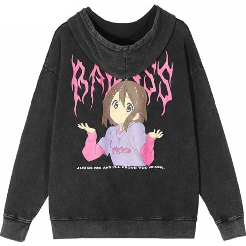 Japan Harajuku Anime Girl Printed Washed Retro Hip Hop Hoodies Pullover Men Streetwear Black Vintage Clothes Hooded Sweatshirts