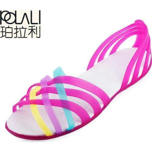 Women Jelly Shoes Rainbow Summer Sandals Female Flat Shoes Ladies Slip On Woman Candy Color Peep Toe Womens Beach Shoes
