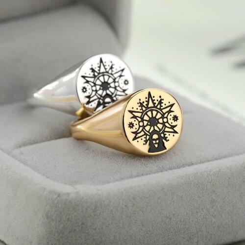 Vintage Tarot Card Rings For Women Round Sun Moon Stainless Steel Ring Amulet Zodiac Rings Gothic Jewelry Gifts Bague