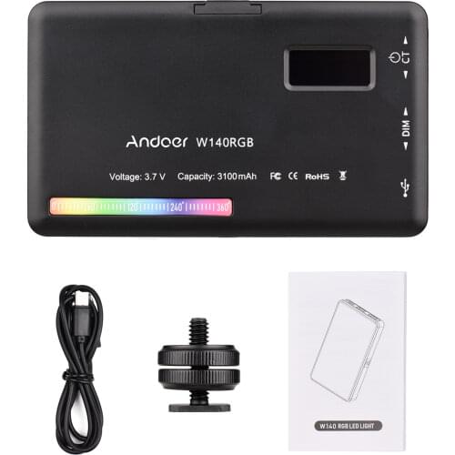 Andoer W140 RGB LED Video Light Lamp Photography Fill Light CRI95+ 2500-9000K Dimmable 20 Lighting Effects LCD Display Cold Shoe