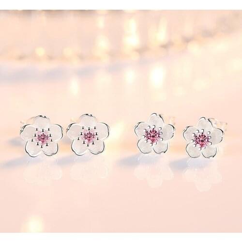 Cherry Flower Blossoms Flower Crystal Stud Earrings For Women Silver Color Daisy Ear Studs Jewelry Christmas Day Birthday Gift