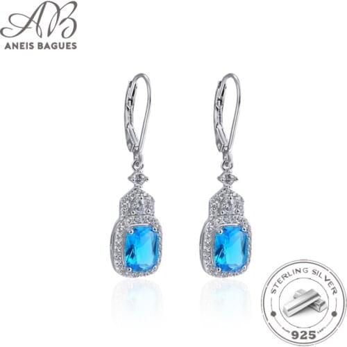 Aneis Bagues 100% Vintage 925 Sterling Silver Blue Topaz Gemstone Drop Dangle Diamonds Earrings Fine Jewelry Gift Wholesale