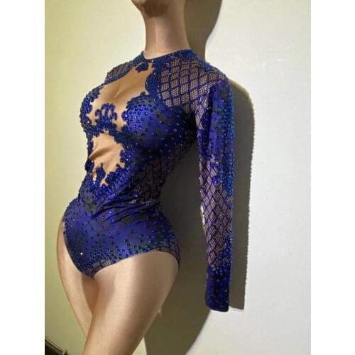 Blue Print Rhinestone Dancer Bodysuit Women Long Sleeve Crystal Jumpsuit Female Club Show girl Stage Leotard Costume