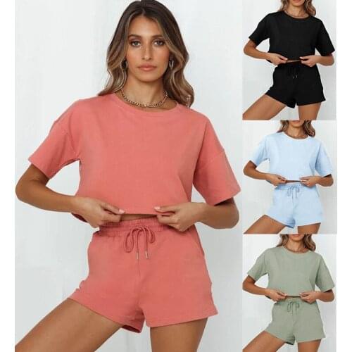 Solid Color Two Pieces Running Sets Women Summer Tracksuits Short Sleeve T-Shirt Crop Tops+Lace-Up Shorts Female Sports Outfits