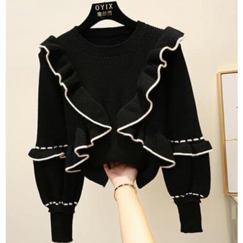 Autumn winter womens top Korean style the ruffle stitching pullover sweater new lantern sleeve knitted bottoming tops LL283