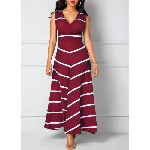 Striped Woman Dress 2021 Summer Sexy Deep V Neck Sleeveless Office Lady French Vintage Dress Casual Slim Ball Gown Maxi Dresses