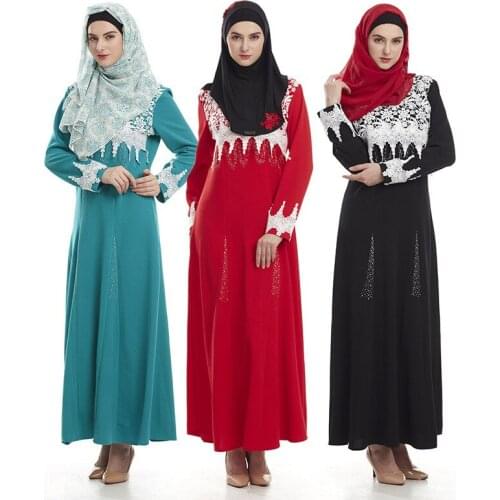 2016 Fashion islamic lace diamonds decoration abaya dress kaftan for Malaysia women abaya turkish long sleeve muslim dress