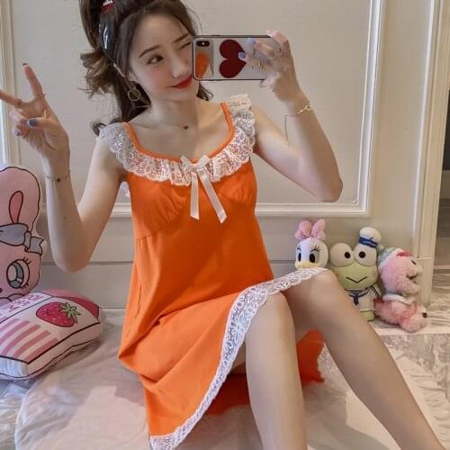 2021 Summer 100% Cotton Sexy Lace Bow Lingerie Nightgowns for Women Sleeveless Nightdress Sleepwear Home Dress Night Gown Nighty