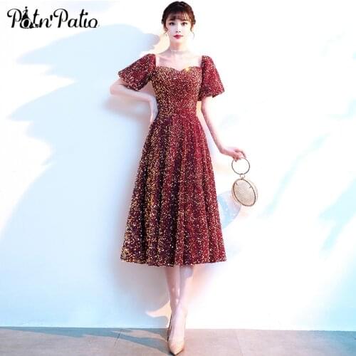 Sparkly Wine Red Cocktail Dresses 2021 Elegant Sweetheart Tea-length A-line Midi-length Women Prom Gowns For Graduation Party