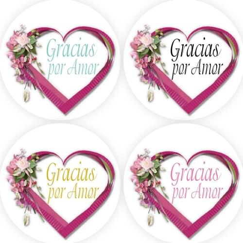 DouxArt 100 Pieces 4cm Stickers Gracias por Amor, Garland Heart Ribbon Wedding Favors Communion Baptism Decorations Seals Labels
