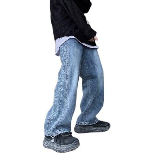 Jeans Men High Street Loose American Vintage Elastic Waist Straight Pants Cashew Flower Hip Hop Wide Legs Joggers