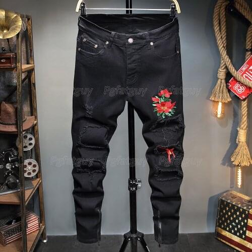 New Style Black Embroidered Flower Stretch Jeans Mens Ripped Patch Jeans Street Fashion Zipper Denim Pants Casual Slim Trousers