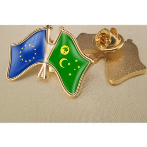 European Union and Cocos (Keeling) Islands Crossed Double Friendship Flags Lapel Pins