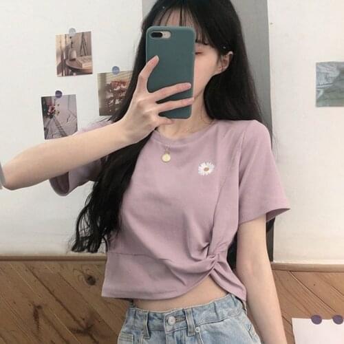 Women Daisy Print Short-sleeved T-shirt Korean Style Summer Solid Color Ladies Tee Shirt Tops