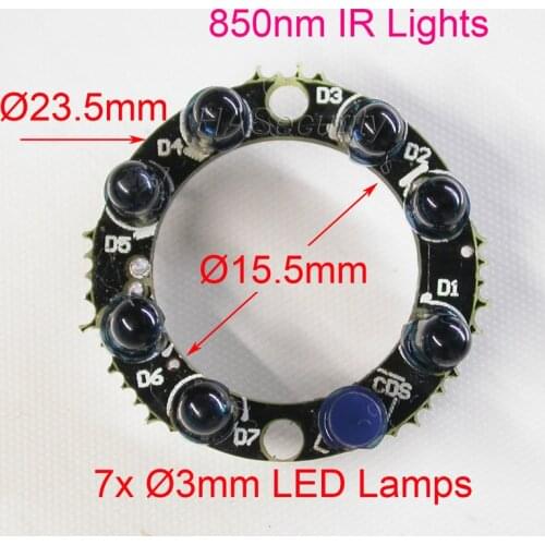 Small size Infrared 7x(3mm) IR LED board module for CCTV camera night vision (diameter 23.5mm / 15.5mm) 90 degree emitting angle