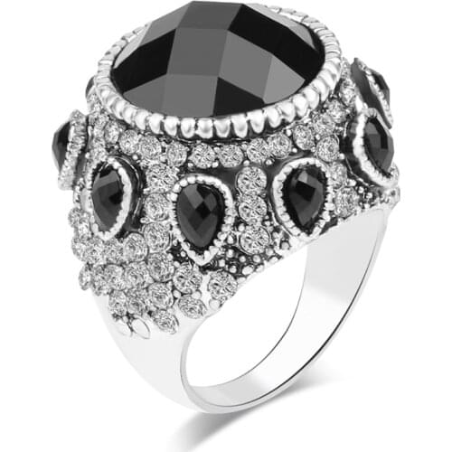 Kinel Vintage Jewelry 2020 New Bohemia Punk Black Big Ring Silver Plated Mosaic Crystal Wedding Rings For Women New Year Gift