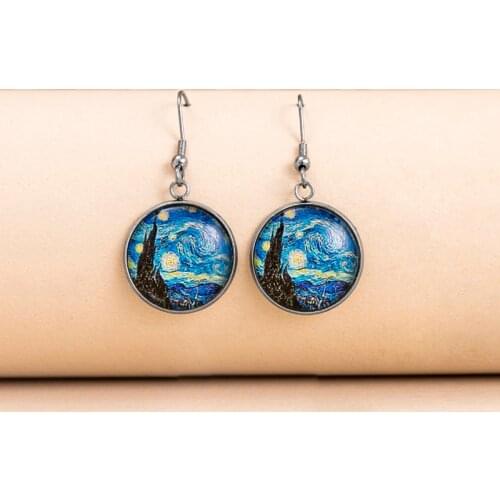 Classic Van Gogh The Starry Night Painting Glass Earrings Vintage Gustav Klimt The Kiss Dangle Earrings Aesthetic Jewelry
