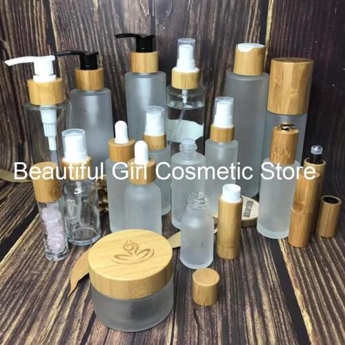 30ml frosted skincare glass bamboo cosmetic white black pump bottle,nature CBD bamboo essential oil bottle,perfume sprayer bottl
