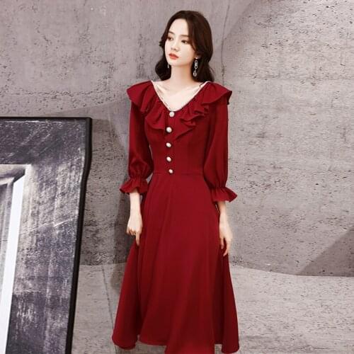 Special Occasion Dresses Vintage V-Neck Full Luxury Burgundy Ankle-Length A-Line Crystal Pearls Elegant Women Prom Gown E1024