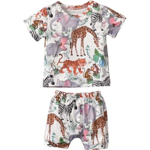 Children Baby Girls Boys Casual Two-piece Clothes Set Animals Printed Pattern T-shirt and Elastic Waist Shorts