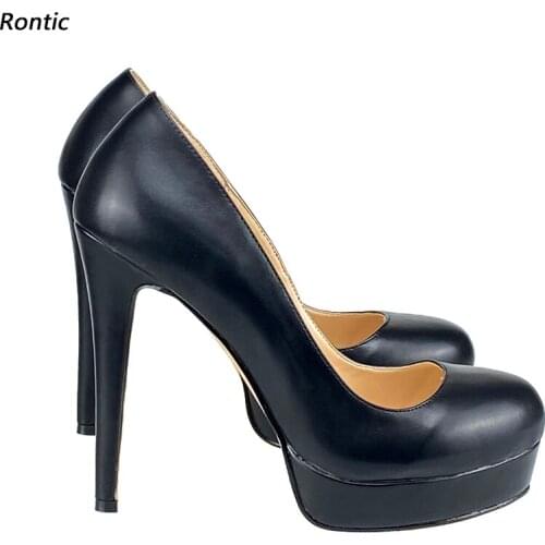 Rontic Handmade Women Platform Pumps Faux Leather Sexy Stiletto Heels Round Toe Elegant Black Dress Shoes Women US Size 5-13